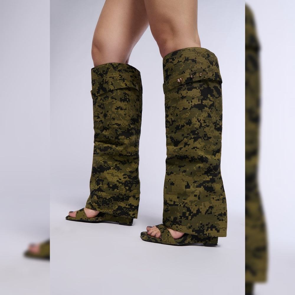 Camo Green Digital-Print Wedge Sandals with Gaiter Detail